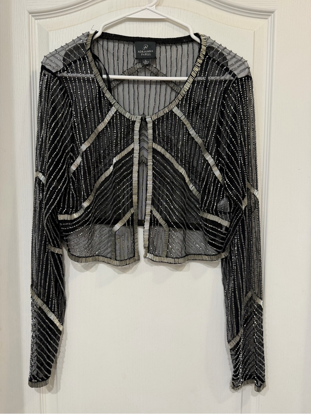 Adrianna Papell Black Sheer Beaded Cropped Cardigan with Silver Accents